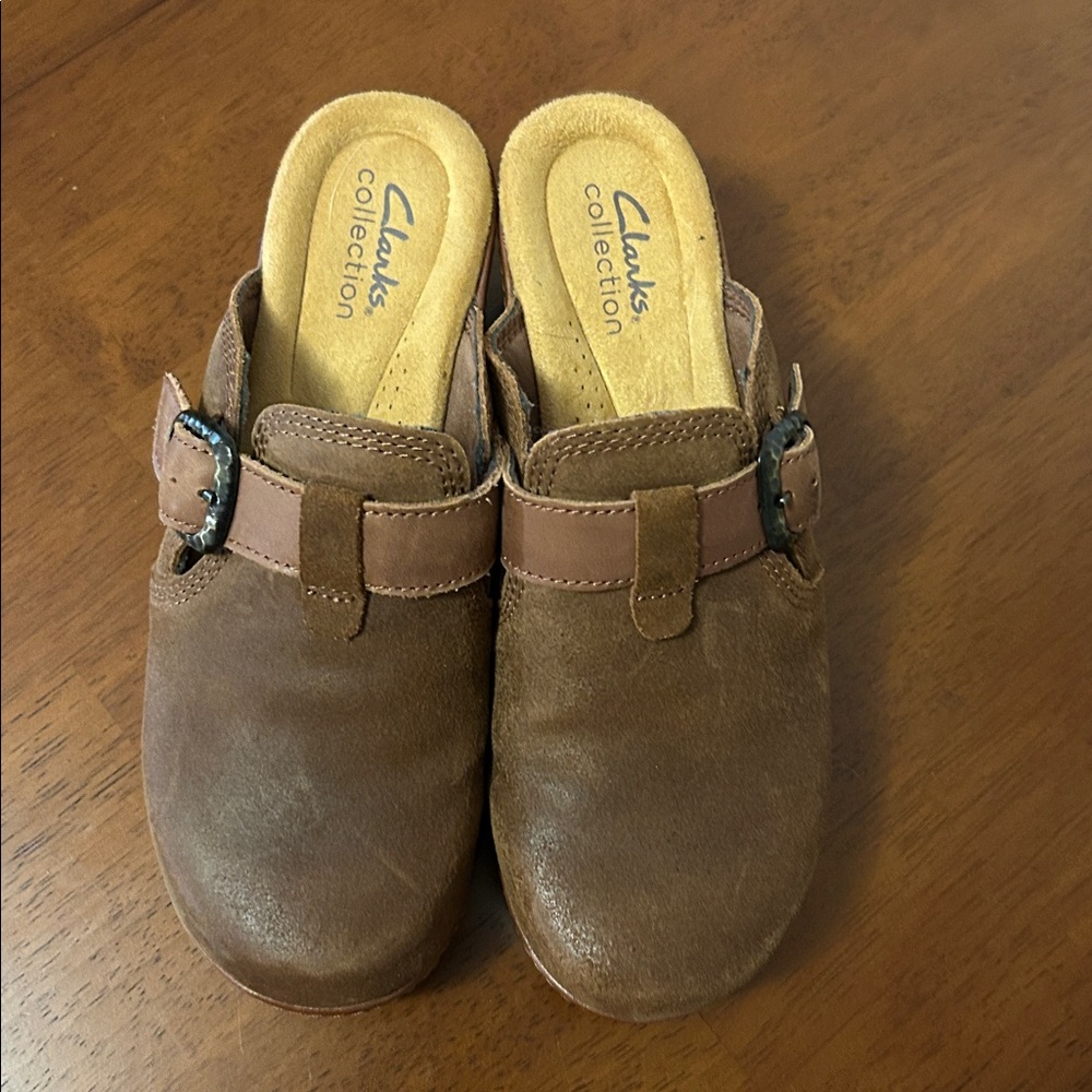 Clarks Tan Leather Buckle Mules